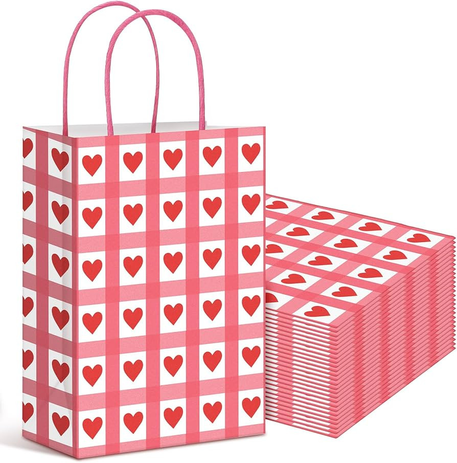 Harloon 24 Pcs Valentine's Day Gift Bags Heart Gingham Gift Bags Plaid Present Party Favor Bag Re... | Amazon (US)