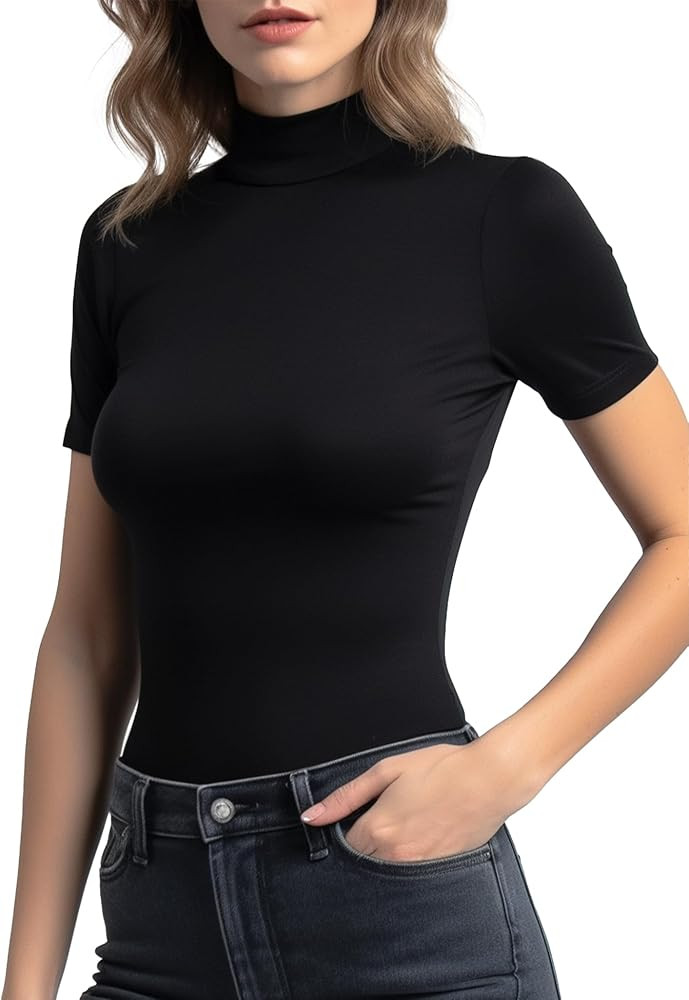 Mock Turtleneck Short Sleeve Tops for Women, Mock Neck Fitted T-Shirt Flowey Print Baselayer Offi... | Amazon (US)