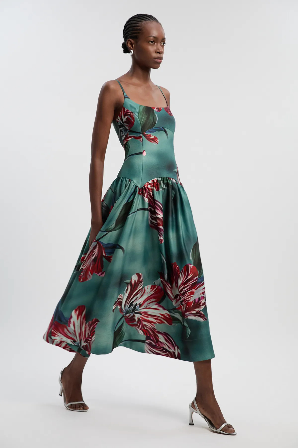 Teal Photographic Floral Heavy Satin Drop Waist Maxi Dress | Karen Millen | Karen Millen UK + IE + DE + NL