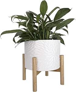 LA JOLIE MUSE Ceramic Plant Pot with Wood Stand - 8 Inch Unique Modern Flower Pots Indoor with Wo... | Amazon (US)