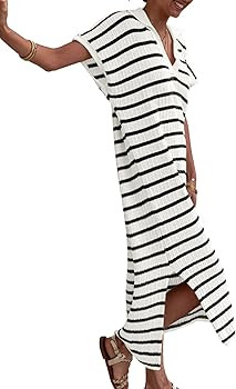 Saodimallsu Womens Striped Summer Dresses Short Sleeve V Neck Knit Collared Sexy Slit Loose Maxi ... | Amazon (US)
