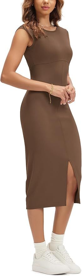 ODODOS Women's Cloud Feeling Front Split Midi Dress Square Back Crew Neck Sleeveless Bodycon Tank... | Amazon (US)