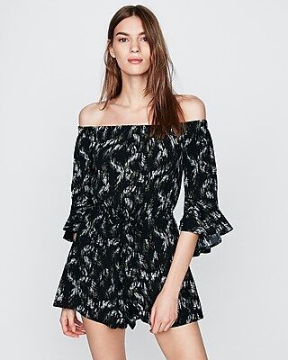 Express Womens Petite Off The Shoulder Bell Sleeve Romper Black Women's Xxs Petite Black Xxs Petite | Express