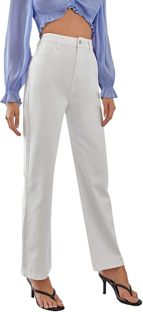 Floerns Women's Casual Solid High Waisted Raw Hem Straight Leg Work Jeans Trousers | Amazon (US)