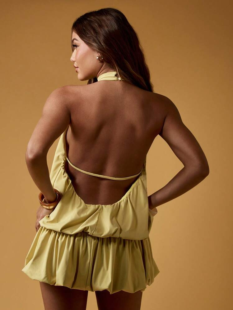 MISSGUIDED Halter Neck Mini Dress Bubble Hem Backless Summer Party Gathered Design Special Occasion Ruched Evening Fashion Statement Piece | SHEIN