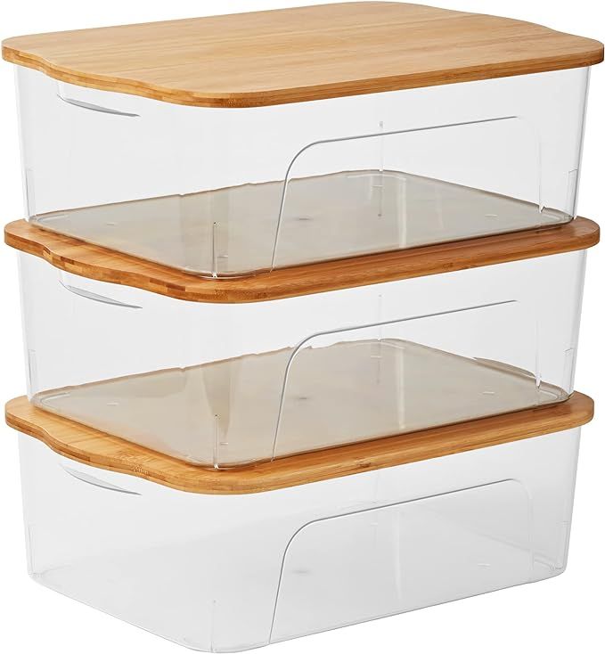 Storage Bin with Bamboo Lid, Decorative Stackable Basket Table Bookcase Kitchen Office Organizing... | Amazon (US)