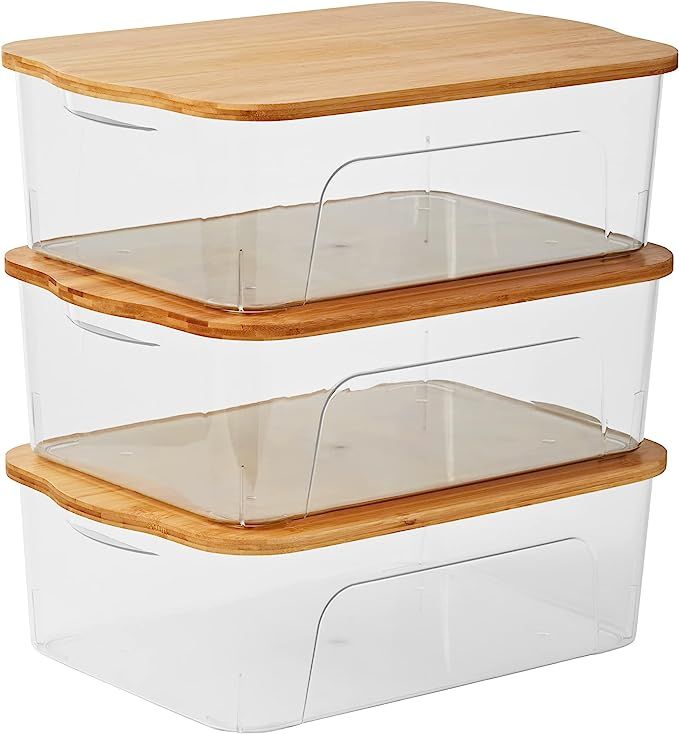 Storage Bin with Bamboo Lid, Decorative Stackable Basket Table Bookcase Kitchen Office Organizing... | Amazon (US)