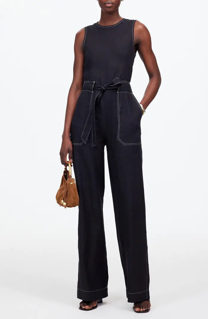 Contrast Stitch Relaxed Linen Straight Leg Jumpsuit | Nordstrom