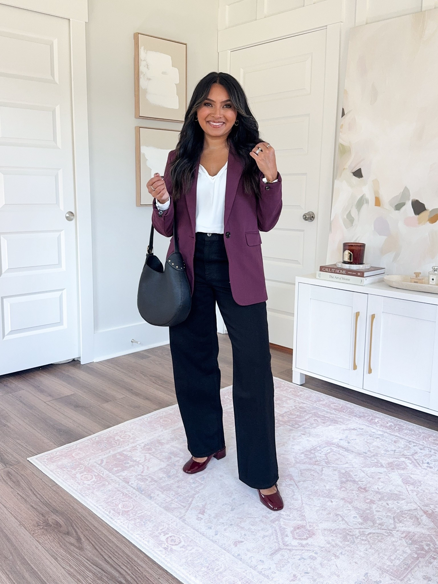 Burgundy red wine color blazer size xxs regular TTS
White cream long sleeve top size xxs TTS
No fade black color high rise loose jean size 26 short TTS
Burgundy mary jane heels size 5 TTS


#LTKFallSale 

#LTKPetite #LTKSaleAlert