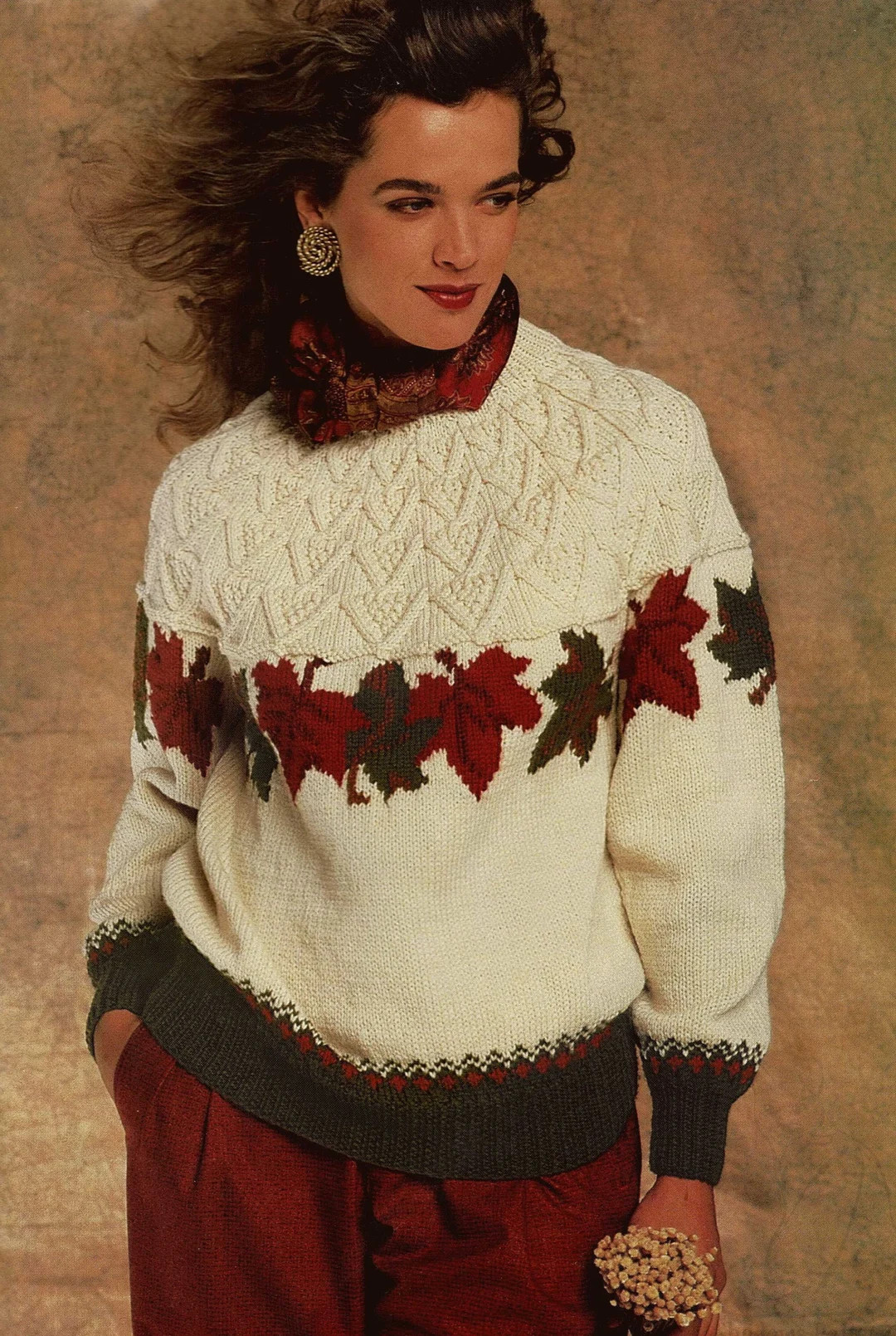 Ladies Gorgeous Sweater With Row of Autumn Leaves and Aran Yoke, Vintage Knitting Pattern, PDF, D... | Etsy (US)