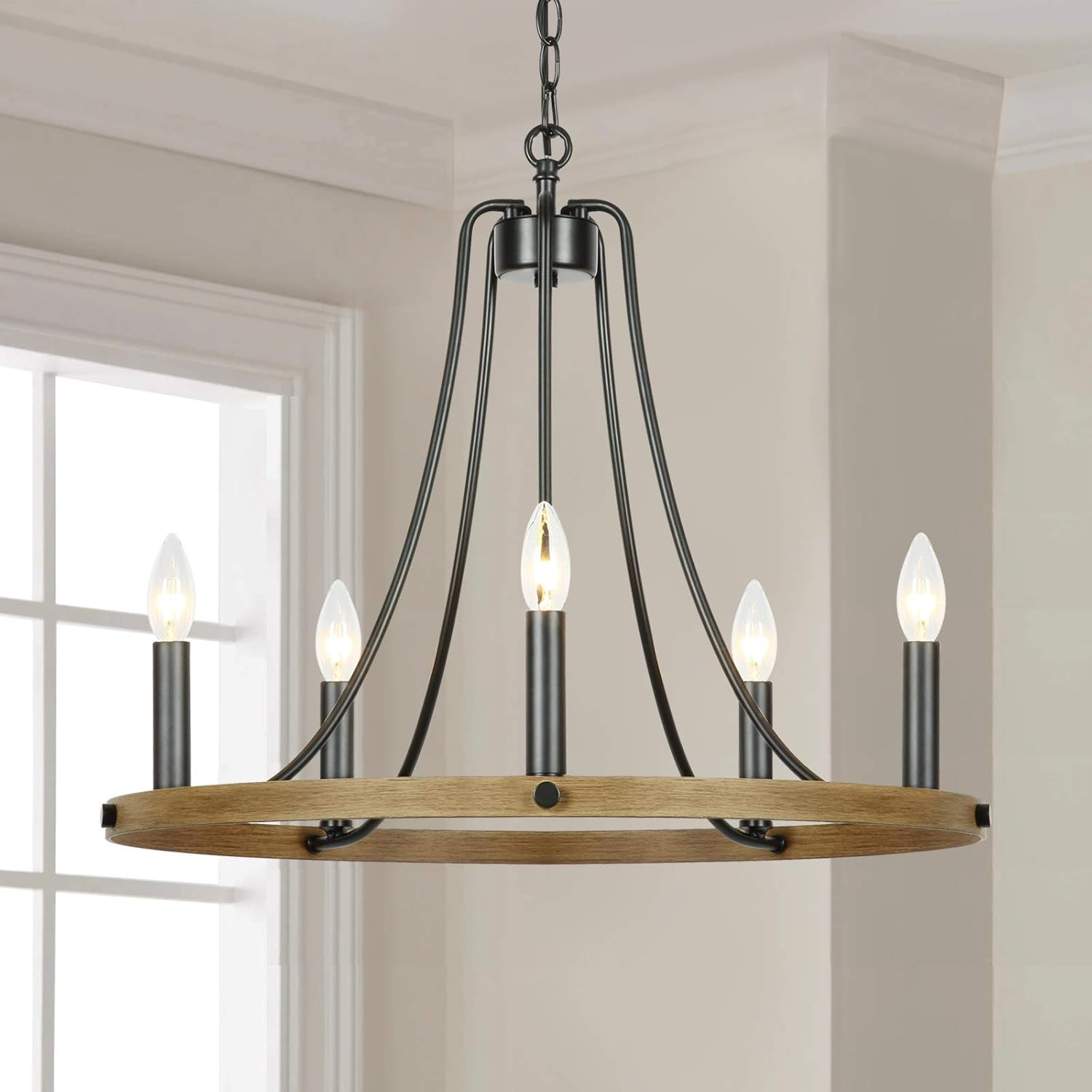 Lampundit 5 Light Farmhouse Chandeliers Wagon Wheel Rustic Chandelier Lighting Candle Style Ceiling  | Amazon (US)