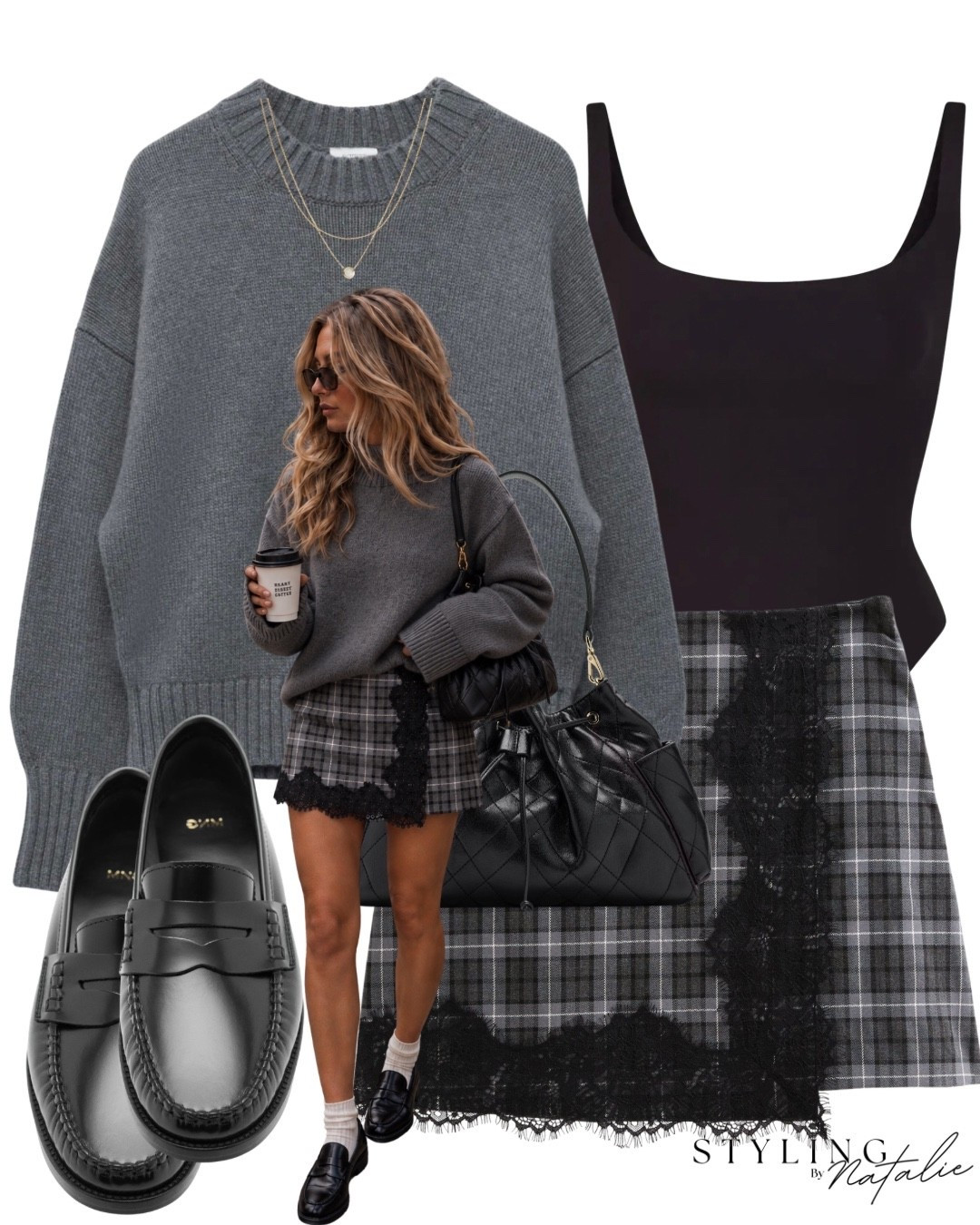 Grey oversized wool cashmere blend jumpers, skims square neck bodysuit check print lace trim mini skirt with penny loafers socks and necklace. @Mejuri quilted bucket bag, autumn outfit, fall outfit, cool girl. ￼

#LTKuk #LTKautumn #LTKFashionMonth