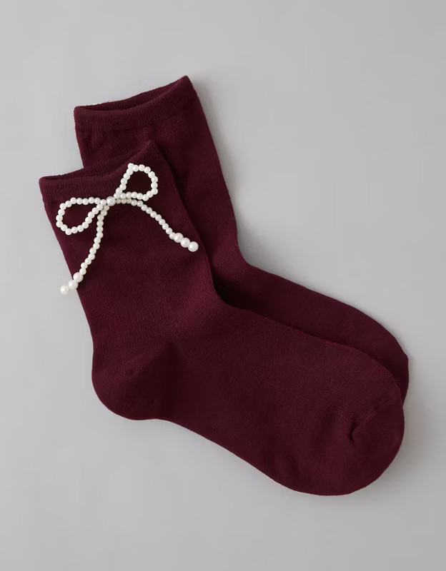 AE Pearl Bow Cropped Crew Socks | American Eagle Outfitters (US & CA)