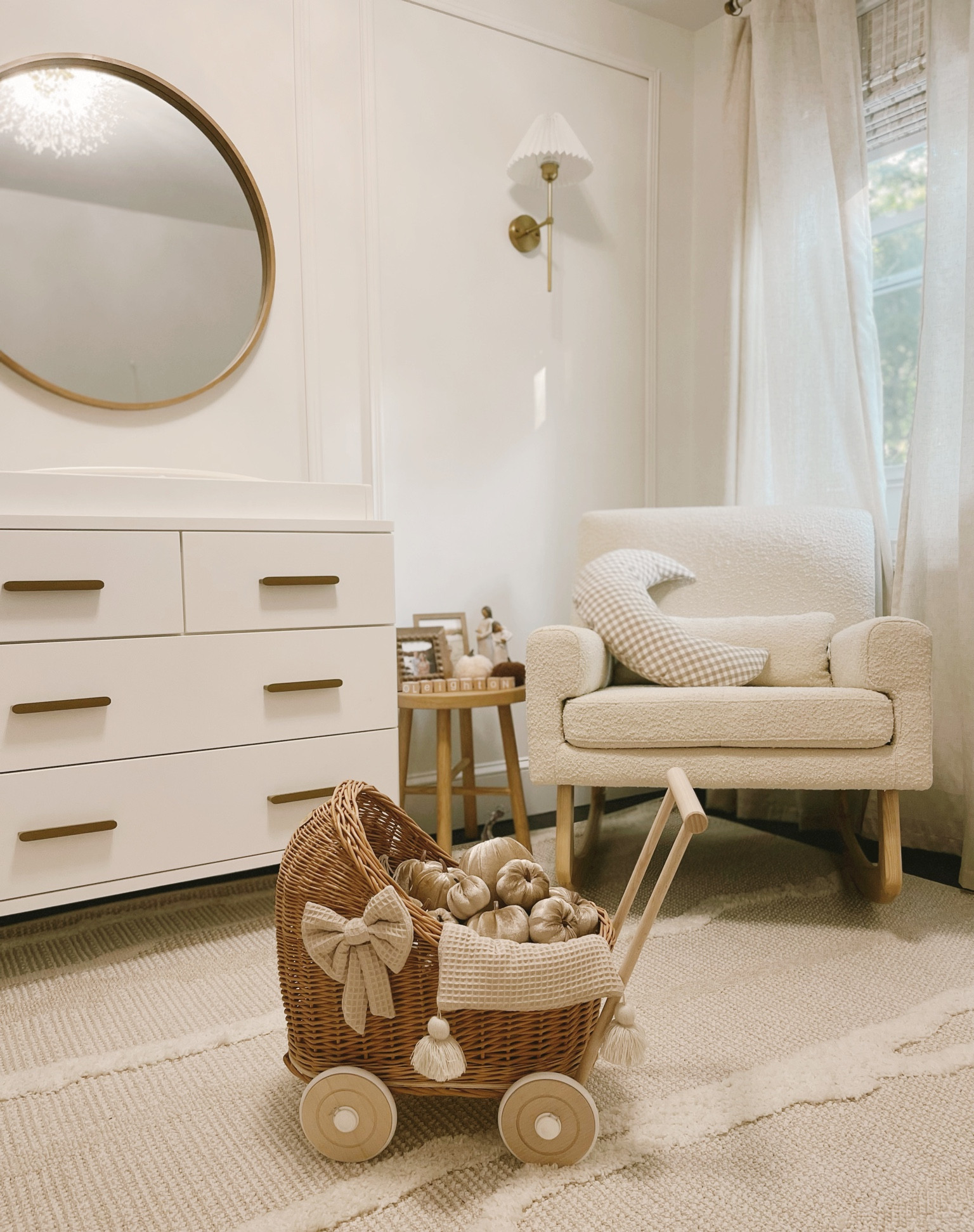 Neutral nursery baby girl fall decor velvet pumpkins doll pram boucle rocker wall sconce 

#LTKbaby #LTKbump #LTKSeasonal