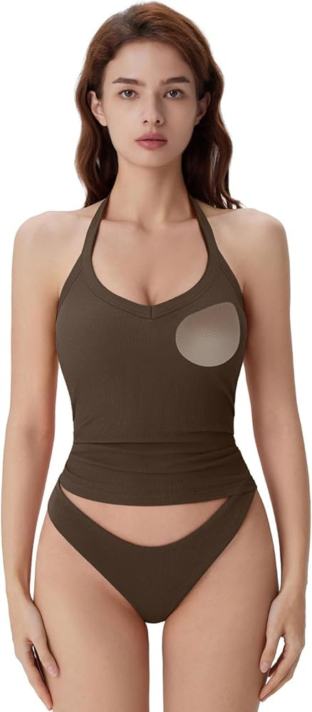 SUUKSESS Halter Tank Top for Women with Built in Bra Cotton Ribbed V Neck Cami | Amazon (US)