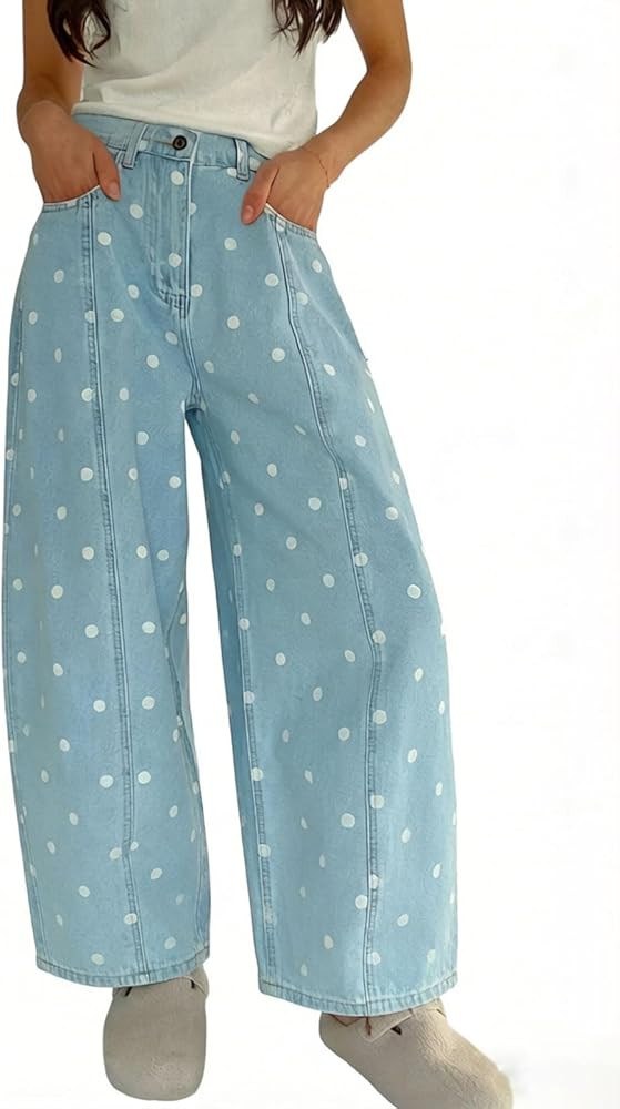 CHARTOU Y2k Polka Dot Barrel Jeans Women Seam Front Baggy Jeans Casual High Waist Wide Leg Denim ... | Amazon (US)