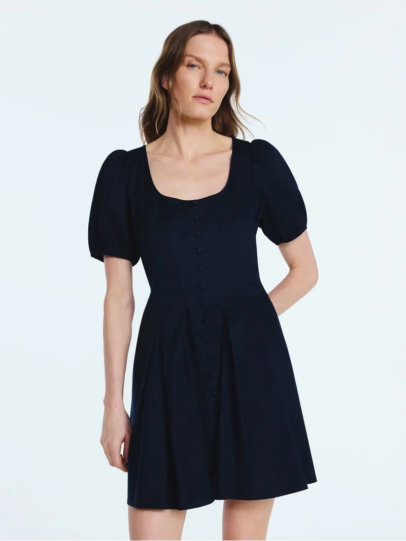 Scoop Women’s Button Front Mini Dress with Puff Sleeves, Sizes XS-XXL | Walmart (US)