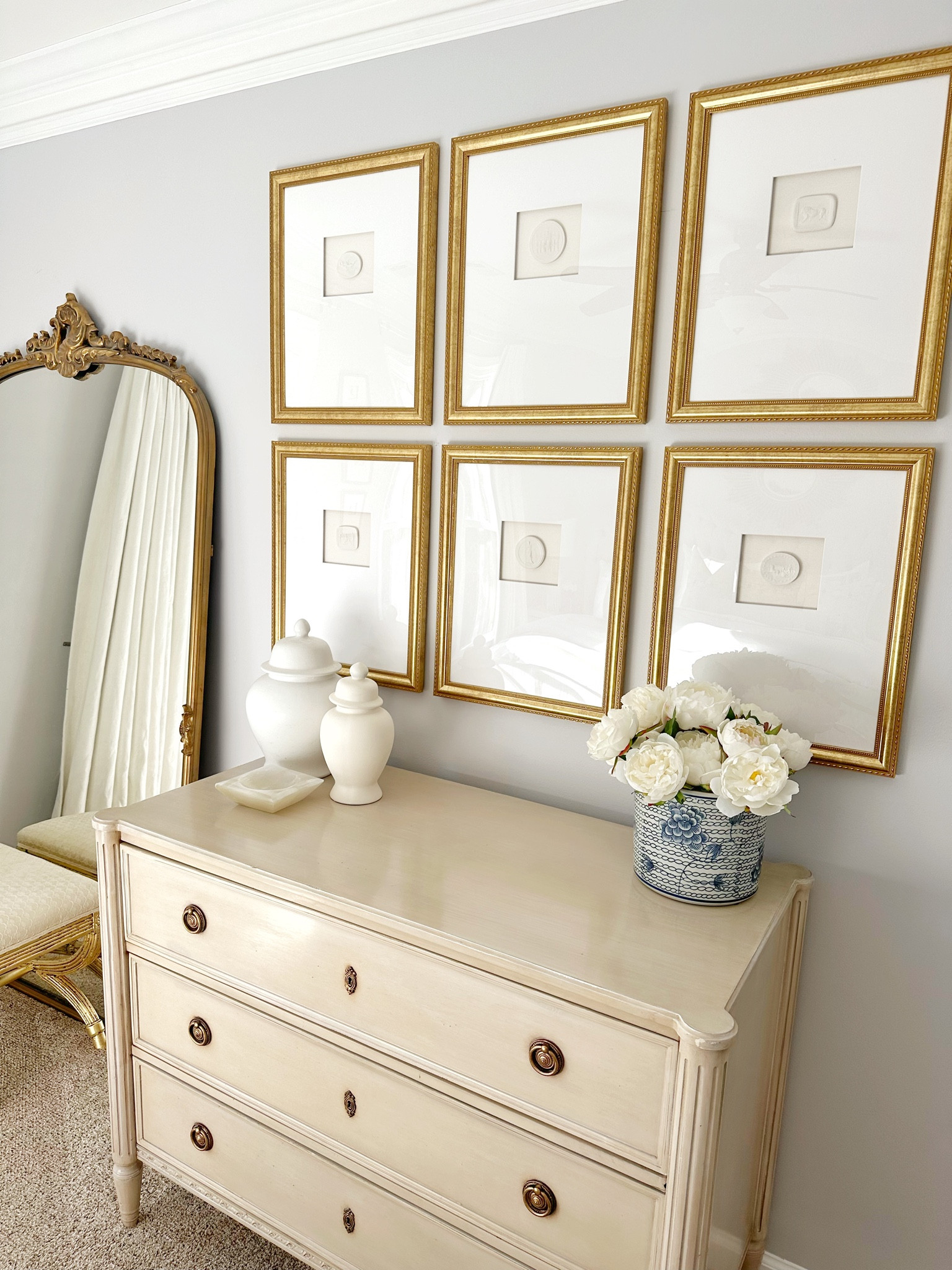 Guest bedroom, master bedroom, floor mirror, Arhaus, wall, art, intaglio, Etsy, orchid planter, grand millennial, Cailini coastal, amazon, ginger jar , lo home, Lauren haskell, frontgate, etienne dresser, glam, gold, gallery wall, 

#LTKhome #LTKFind #LTKunder100