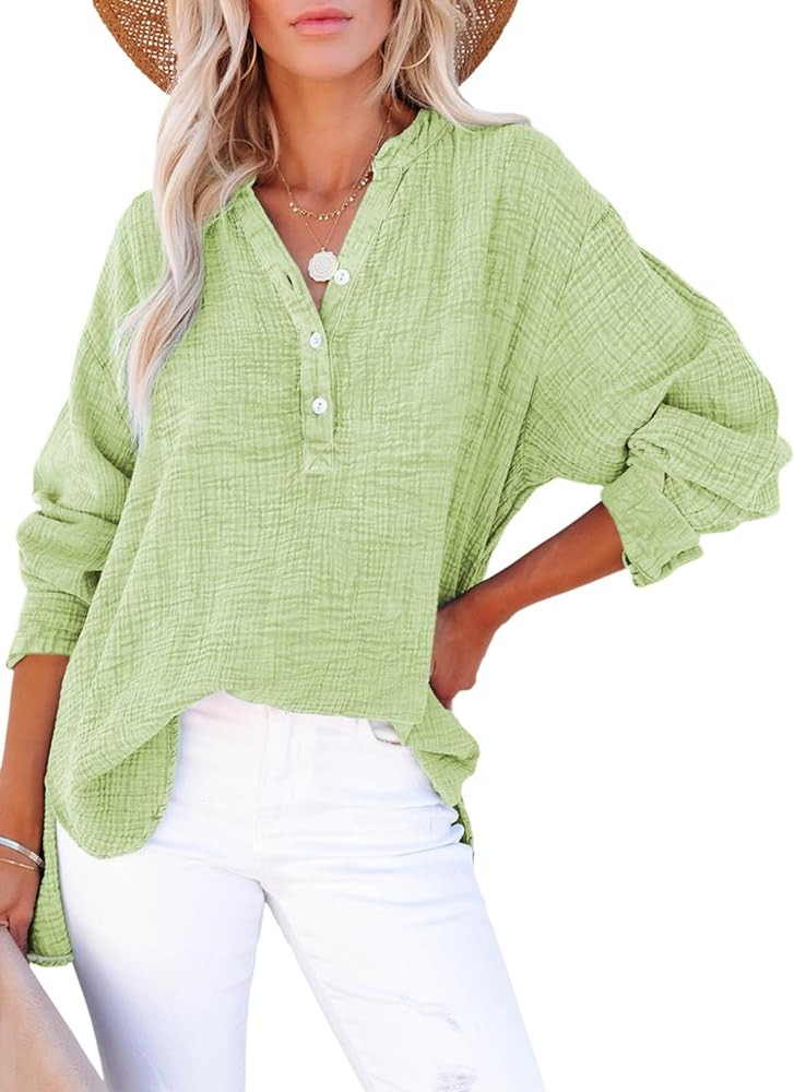 Dokotoo Womens Casual Button V Neck Long Sleeve Shirts Oversized Solid Blouses Tops | Amazon (US)