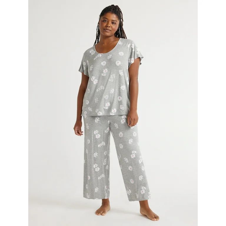 Joyspun Women’s Short Sleeve Scoop Neck Top and Cropped Pants Knit Pajama Set, 2-Piece, Sizes S... | Walmart (US)