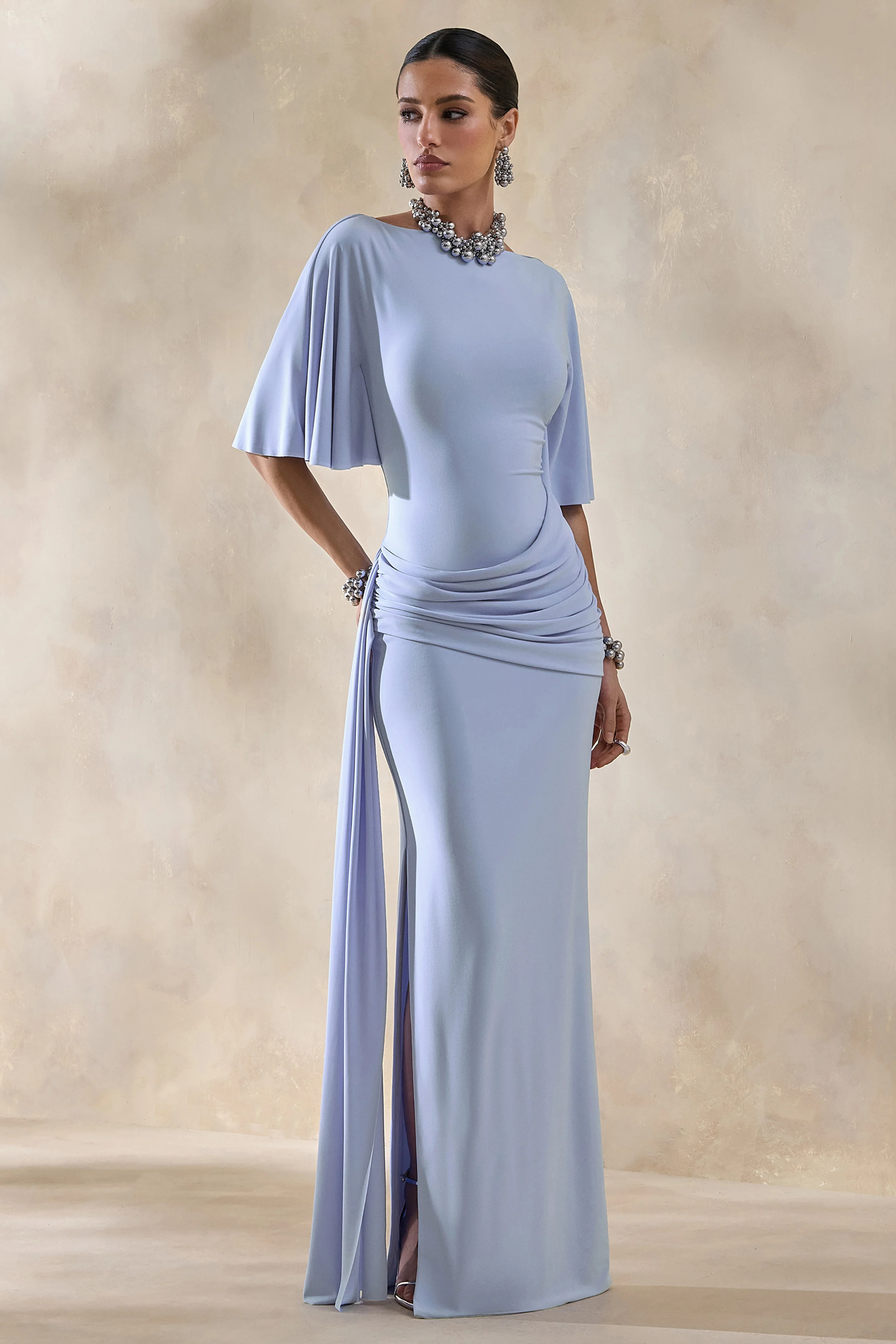 Emerelle | Powder Blue Wide-Neck Maxi Dress With Sash And Draped-Detailing | Club L London