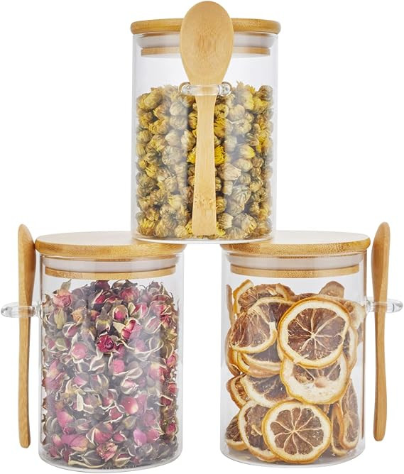 3 Pack Glass Containers Jars with Bamboo Airtight Lid and Spoon, 15Oz Glass Food Storage Canister... | Amazon (US)