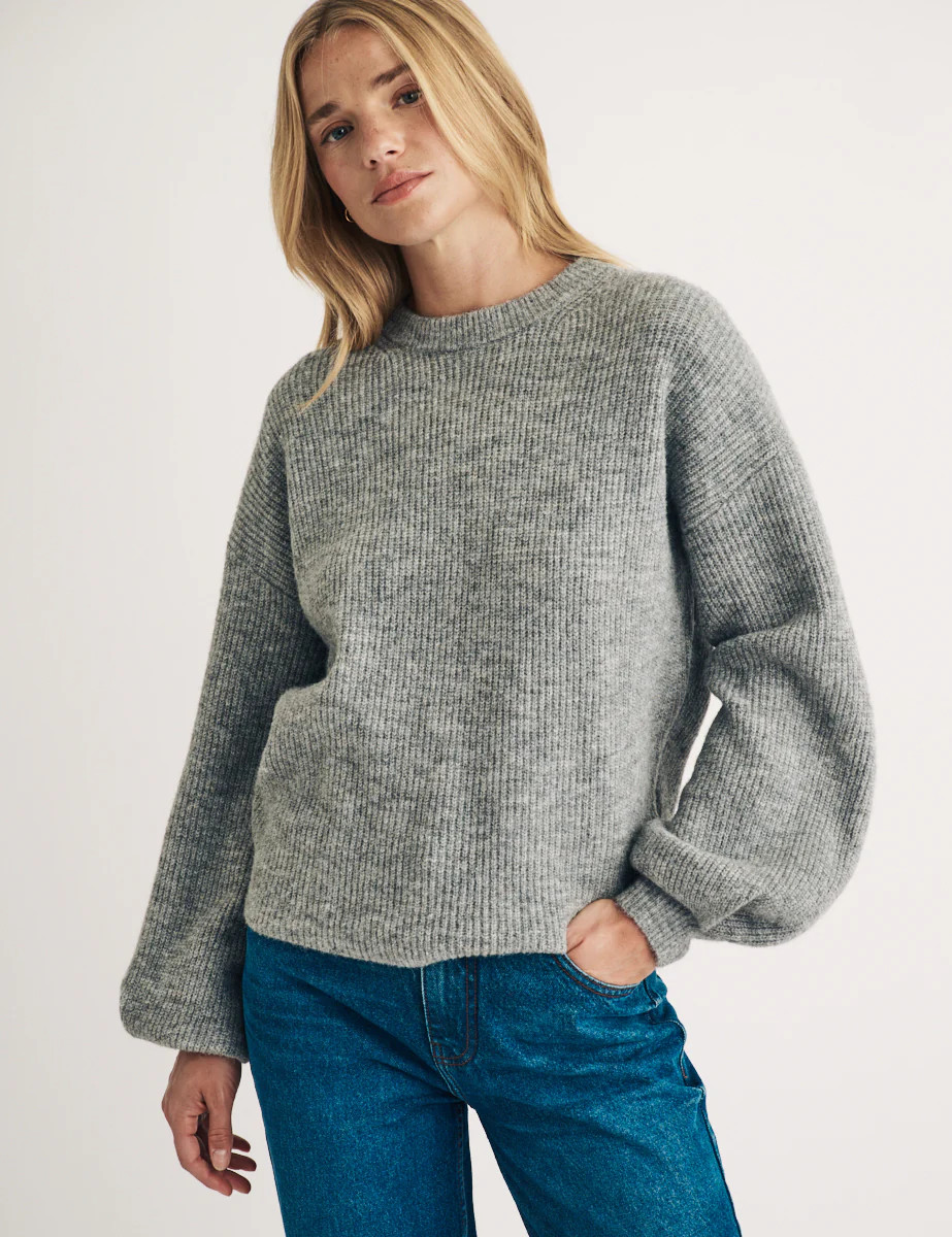 Grey Puff Sleeve Wool Blend Knitted Jumper | Nobody's Child