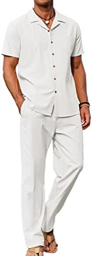 COOFANDY Men 2 Piece Linen Outfit Beach Button Down Shirt Casual Loose Pant Sets | Amazon (US)