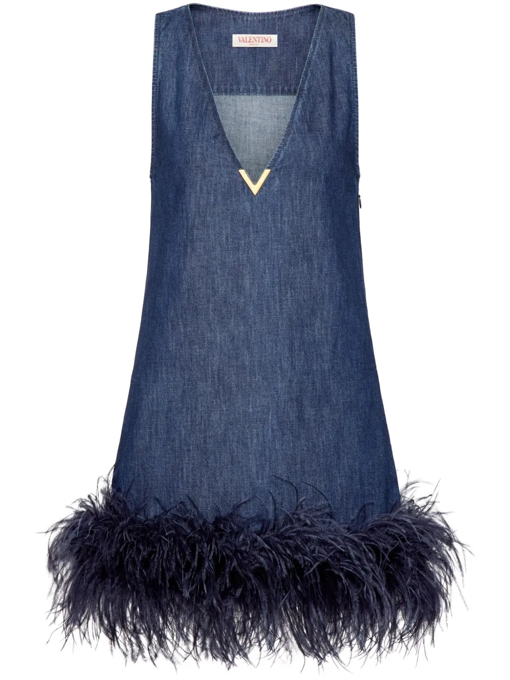 Valentino Garavani feather-trim Denim Dress | Blue | FARFETCH AU | Farfetch Global