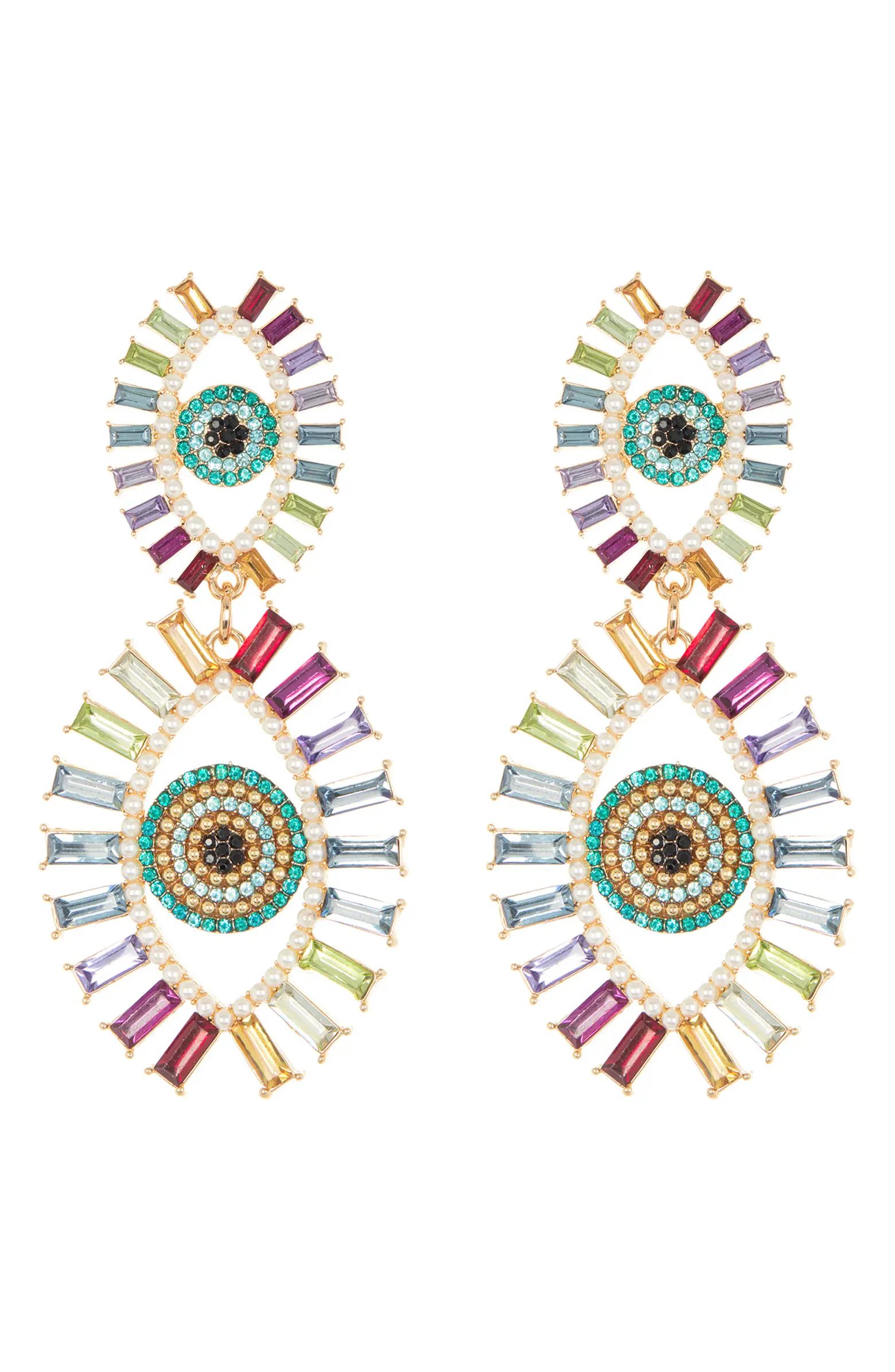 BaubleBar Rainbow Crystal & Imitation Pearl Evil Eye Double Drop Earrings | Nordstromrack | Nordstrom Rack