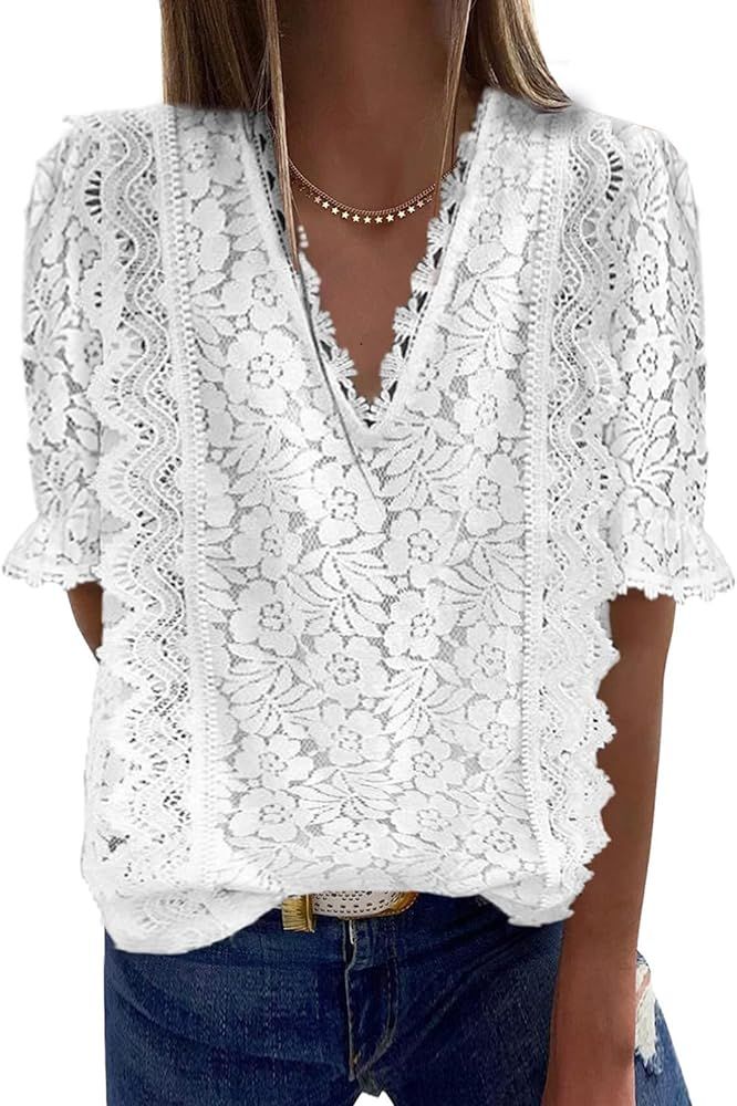 FARYSAYS Womens Summer Lace Tops Short Sleeve V Neck Polka Dot Blouses Shirts | Amazon (US)