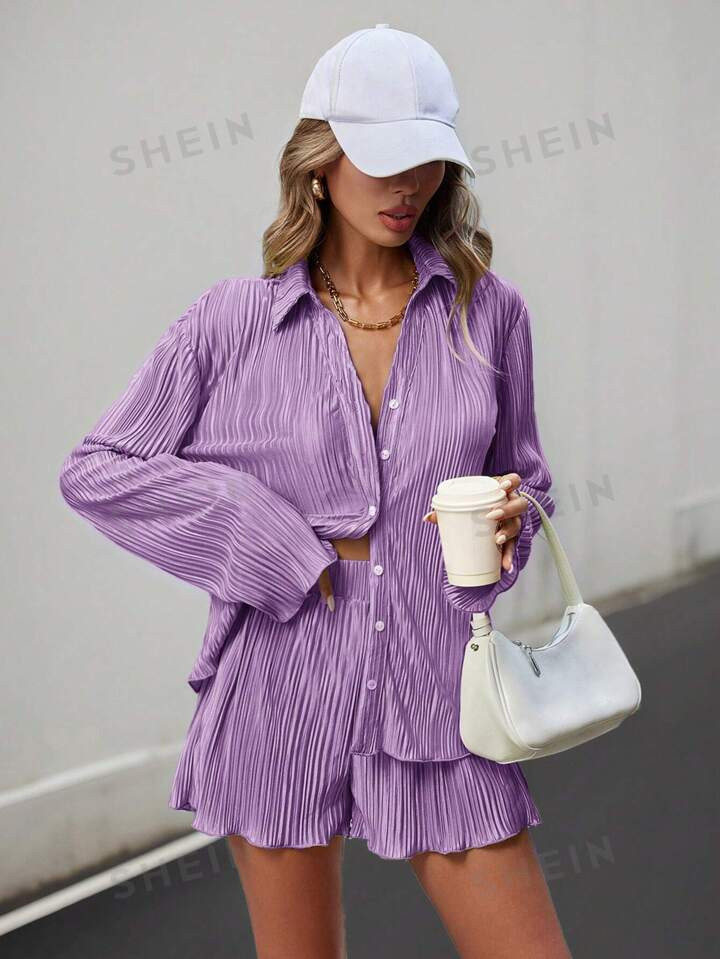SHEIN Essnce Women's Fashion Solid Color Long Sleeve Shirt Shorts Two-Piece Set | SHEIN USA | SHEIN