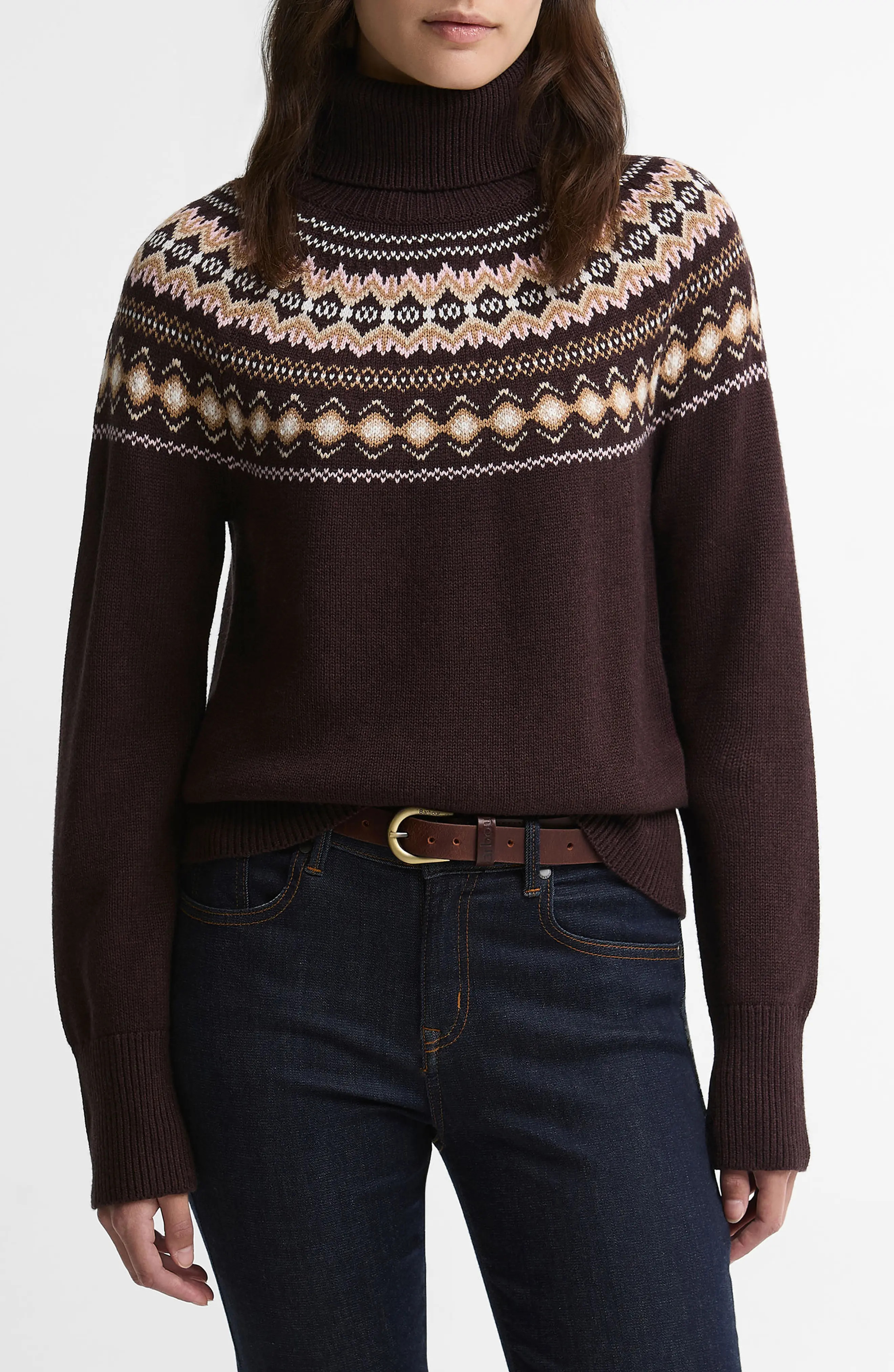 Barbour Darwen Fair Isle Turtleneck Sweater in Seal Brown at Nordstrom, Size 14 | Nordstrom