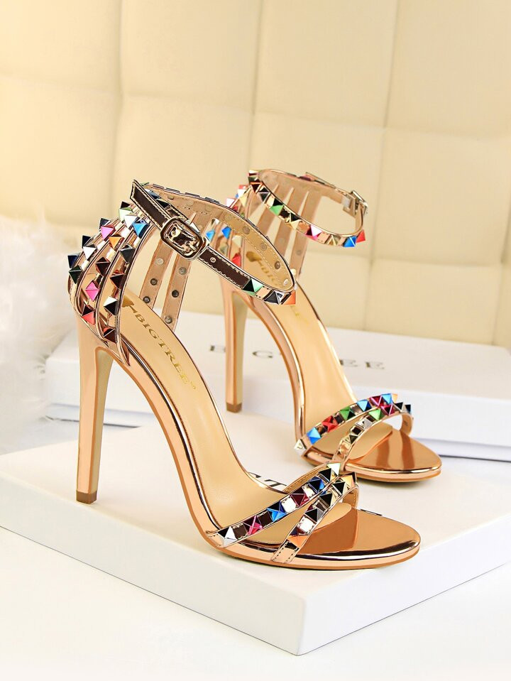 Women Spiked Decor Ankle Strap Sandals, Funky Open Toe Stiletto Heeled Sandals | SHEIN