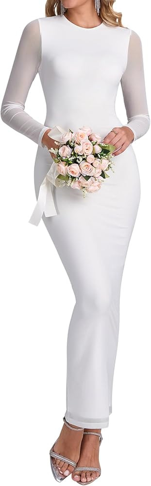 KUTUMAI Women Long Sleeve Floral Bodycon Maxi Dress 2025 Fall Elegant Mesh Formal Wedding Guest C... | Amazon (US)