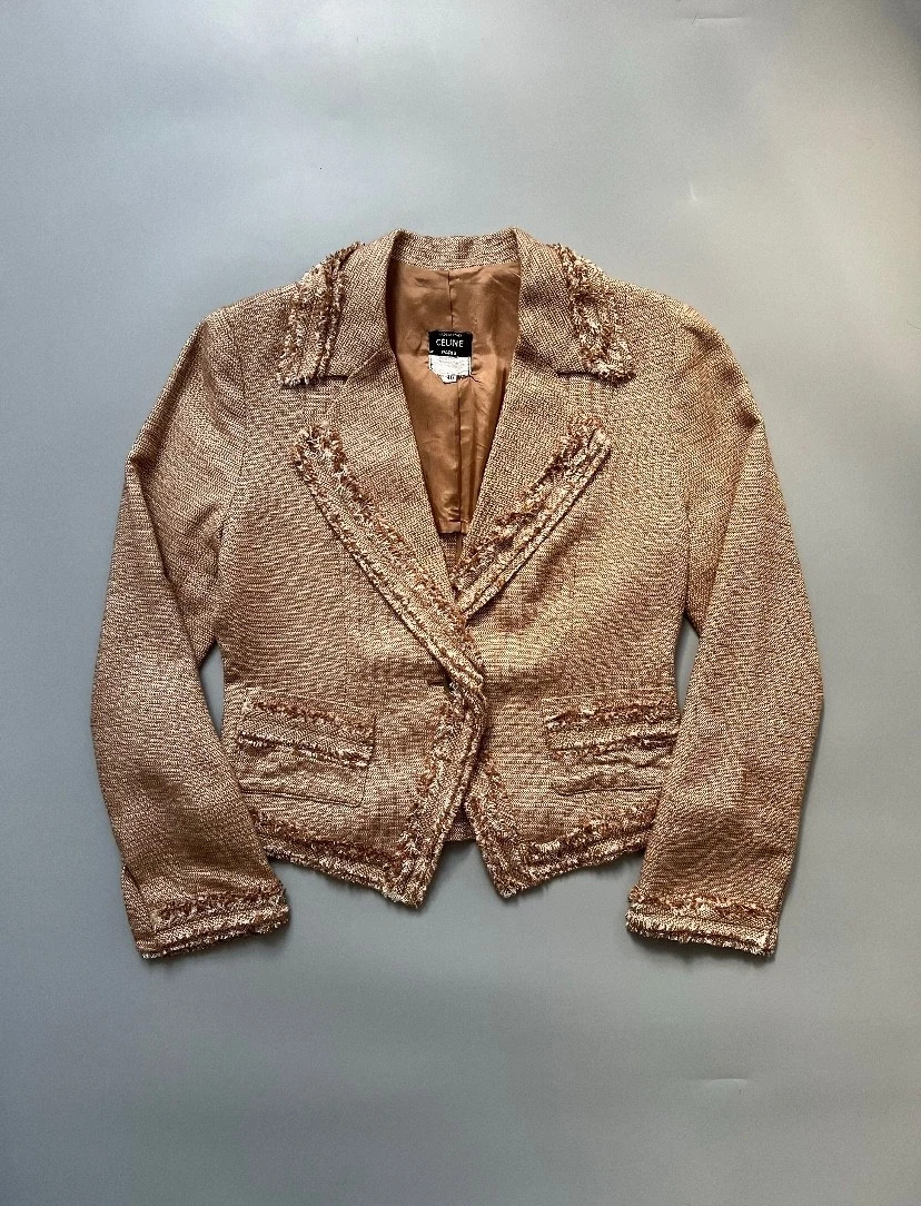 Vintage 80s Celine Paris Tweed Blazer Jacket  Beige Textured Linen Blend Size 40 | eBay US