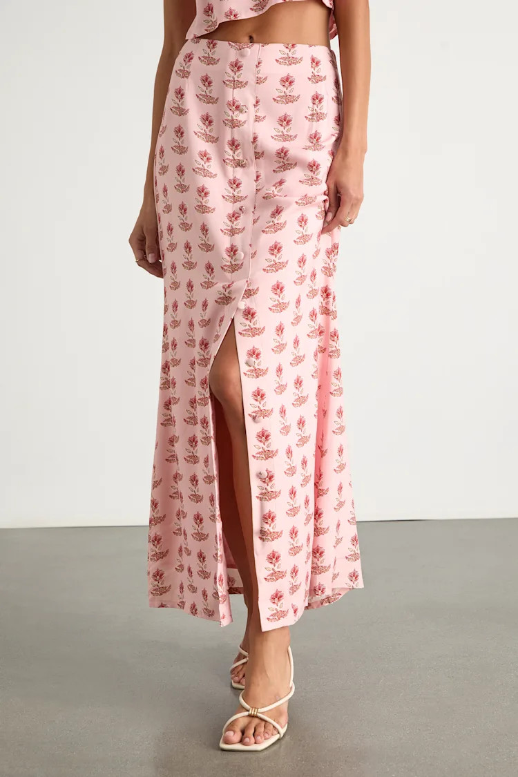 Chel Pink Boho Print Button-Front Maxi Skirt | Lulus
