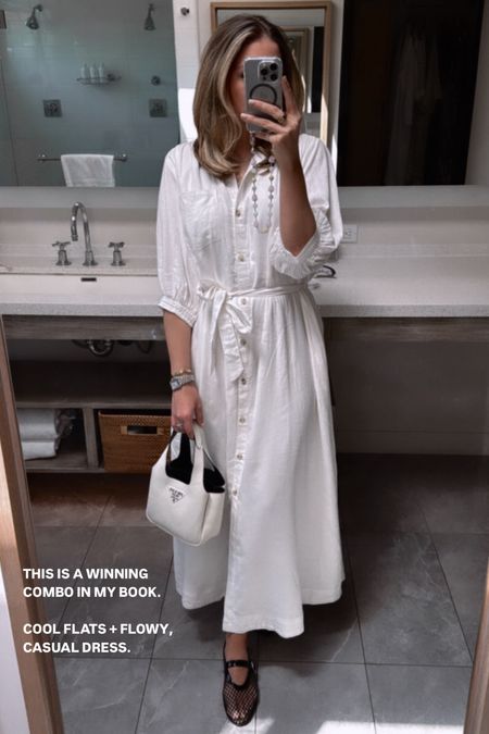 White button down dress with belt and mesh flats 