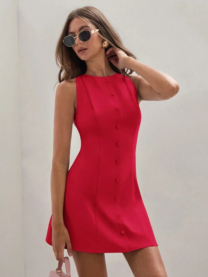 COSMINA Women's Solid Color Round Neck Front Button Elegant Sleeveless Mini Dress,Summer Dresses For Women | SHEIN