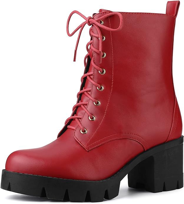 Allegra K Women's Lace-Up Platform Chunky Heels Combat Boots | Amazon (US)