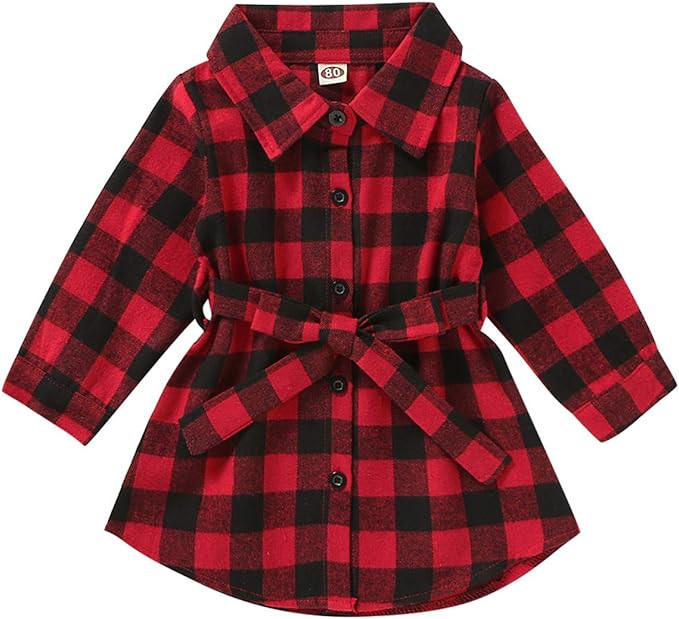 Kayotuas Toddler Kids Baby Girl Plaid Dress Long Sleeve Belted Botton Down Shirts Dresses Infant ... | Amazon (US)