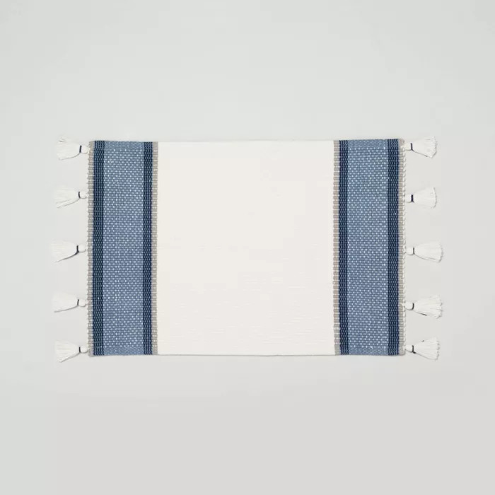 20" x 32" Color Block Stripe Tassels Bath Rug Faded Blue/White - Hearth & Hand™ with Magnolia | Target
