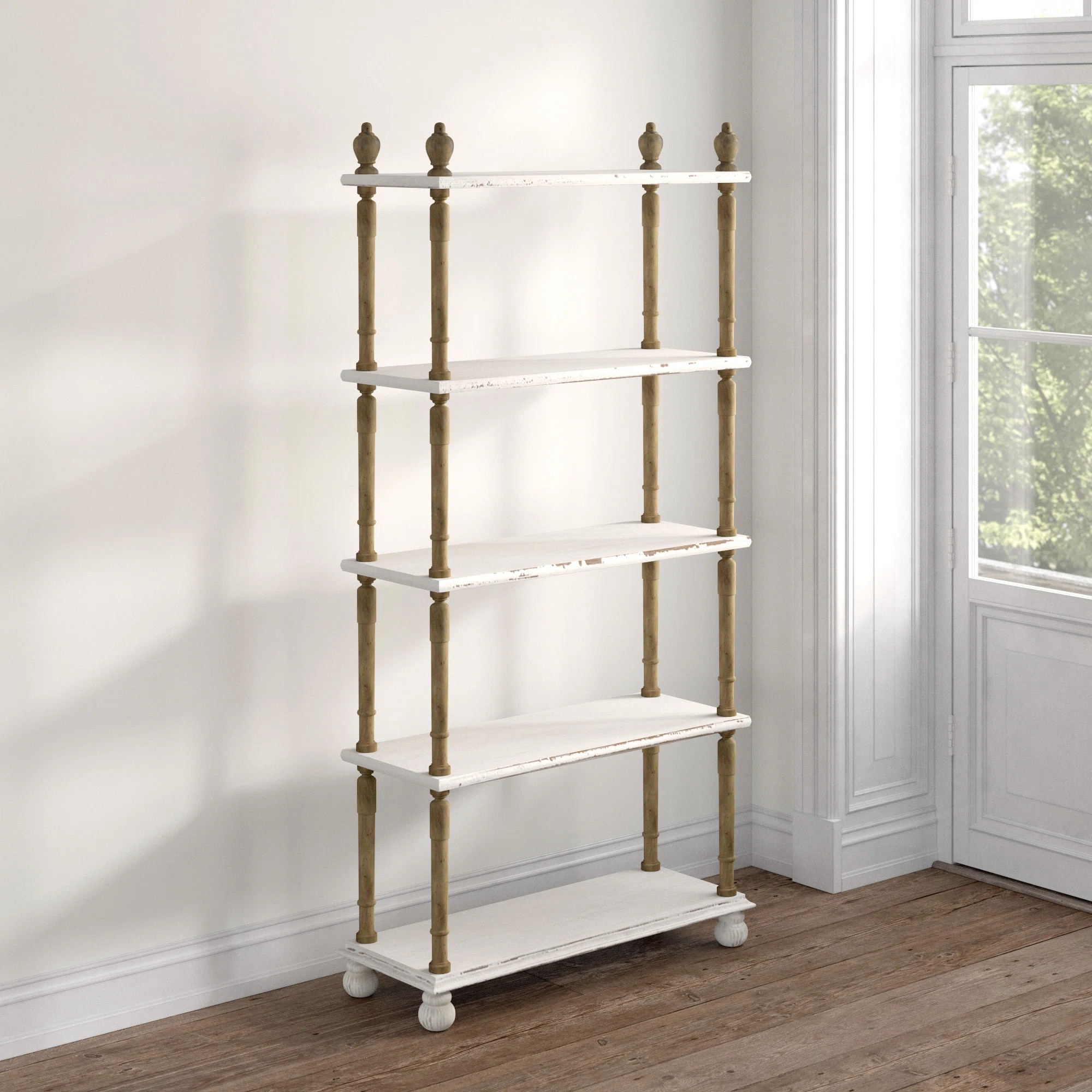 Kelly Clarkson Home Elodie White Wood Distressed Open 5 Shelf Shelving Unit with Brown Spindle Si... | Wayfair North America