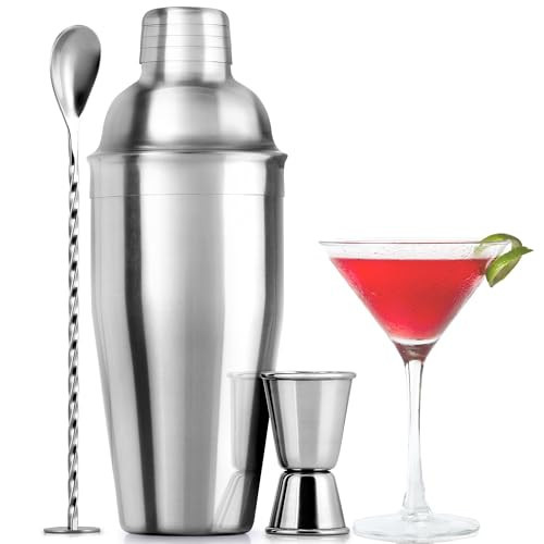 Zulay Kitchen Large 24 oz Stainless Steel Cocktail Shaker Set - Mixed Drink Shaker - Martini Shaker Set with Built in Strainer, Double Sided Jigger & Combo Muddler Mixing Spoon - Pro Margarita Shaker | Amazon (US)