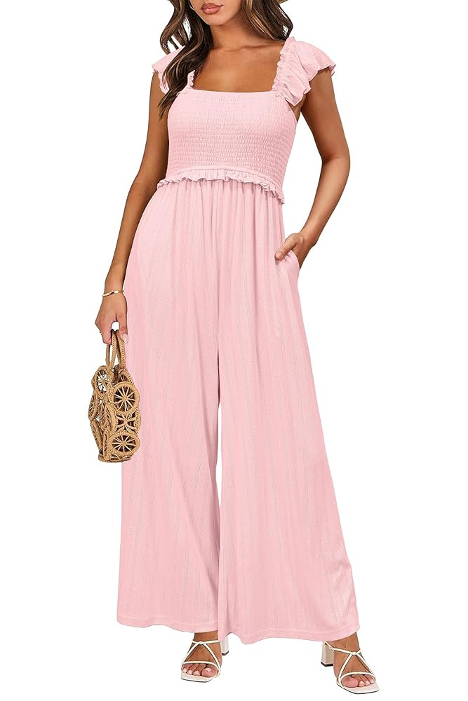 OUGES Overol casual de verano para mujer, con volantes, correa de manga ancha, pantalones con bol... | Amazon (US)