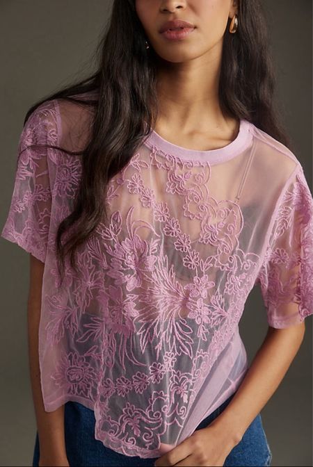 Short-sleeve embroidered mesh top.
This is such a gorgeous top for layering. Good for Spring and Summer with jeans or skirts. Also available in black and white.