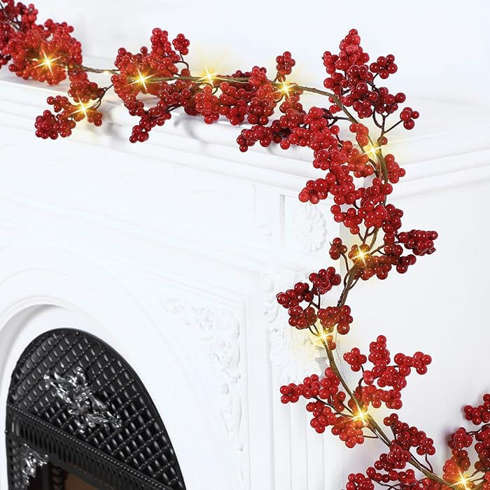 Syhood 9Ft Red Berry Christmas Garland with 30 Lights Lighted Christmas String Garland Battery Op... | Amazon (US)