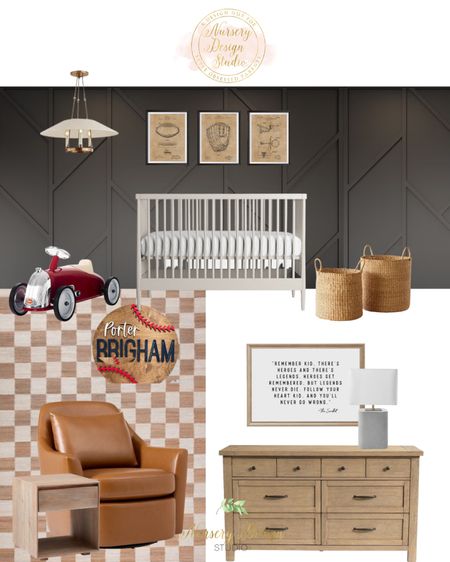 Baseball themed boys nursery ⚾️ 

Leather swivel chair, gray crib, ride on toy, checkered rug 

#LTKHome #LTKBump #LTKBaby