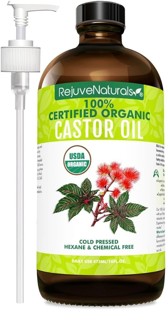 RejuveNaturals Castor Oil (16oz Glass Bottle) USDA Certified Organic, 100% Pure, Cold Pressed, He... | Amazon (US)