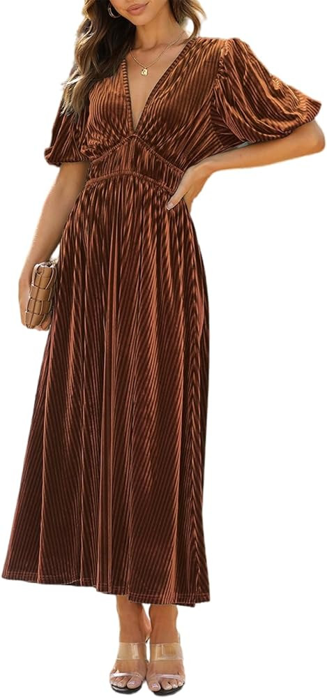 Sissyaki Women's Boho V Neck Maxi Dress High Waist Fall Winter Long Dress | Amazon (US)